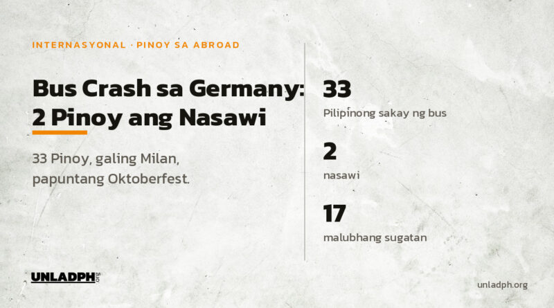 Bus crash sa Germany noong Setyembre 27, 2026: 33 Pilipinong sakay mula Milan, 2 ang nasawi at 17 ang malubhang sugatan.