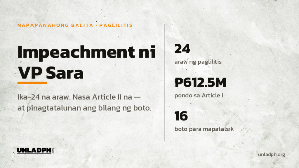 Featured image: Impeachment ni VP Sara — ika-24 na araw ng paglilitis, 612.5 milyong piso ang pondong pinag-uusapan sa Article I, at 16 na boto ang kailangan para mapatalsik siya.