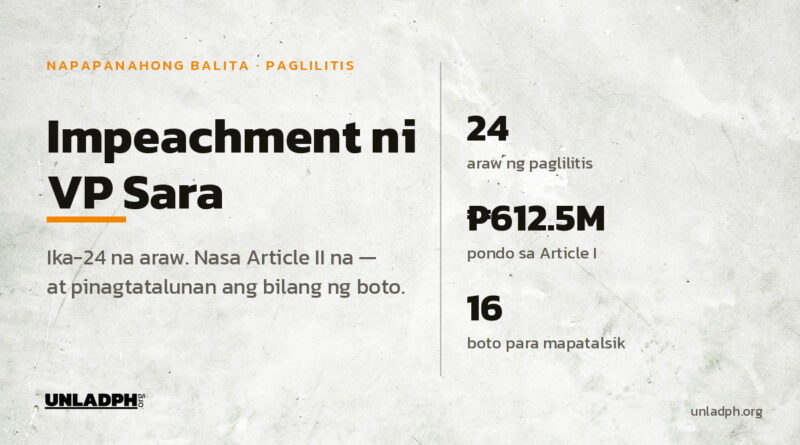 Featured image: Impeachment ni VP Sara — ika-24 na araw ng paglilitis, 612.5 milyong piso ang pondong pinag-uusapan sa Article I, at 16 na boto ang kailangan para mapatalsik siya.