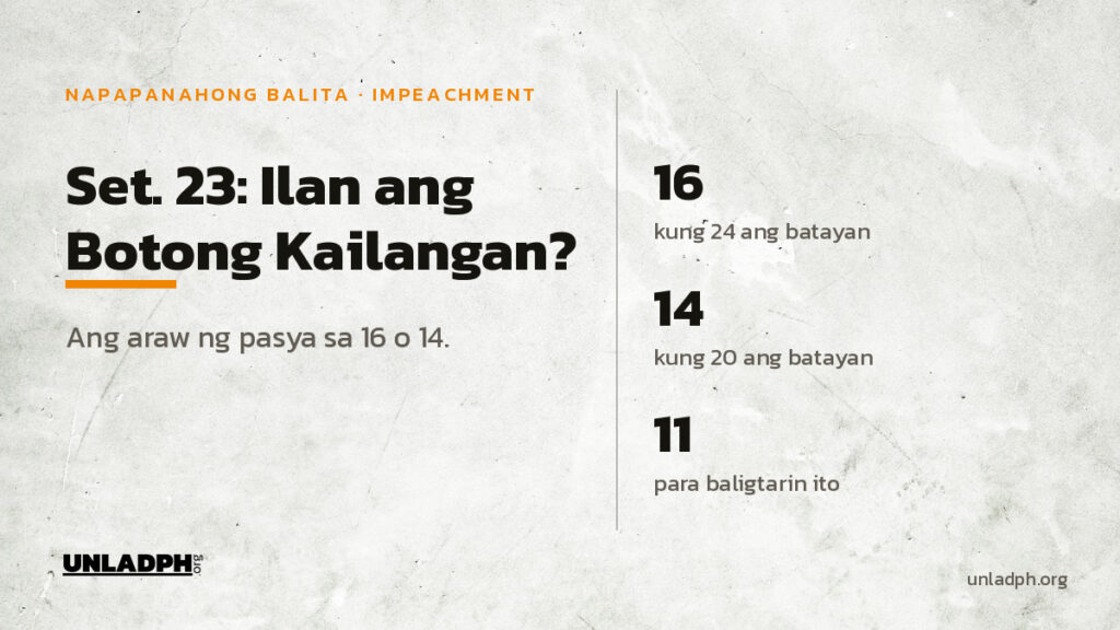 Set. 23: ilan ang botong kailangan? Labing-anim kung 24 ang batayan, 14 kung 20, at 11 boto para baligtarin ang ruling ng presiding officer.