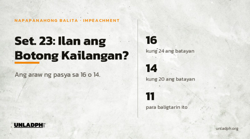 Set. 23: ilan ang botong kailangan? Labing-anim kung 24 ang batayan, 14 kung 20, at 11 boto para baligtarin ang ruling ng presiding officer.