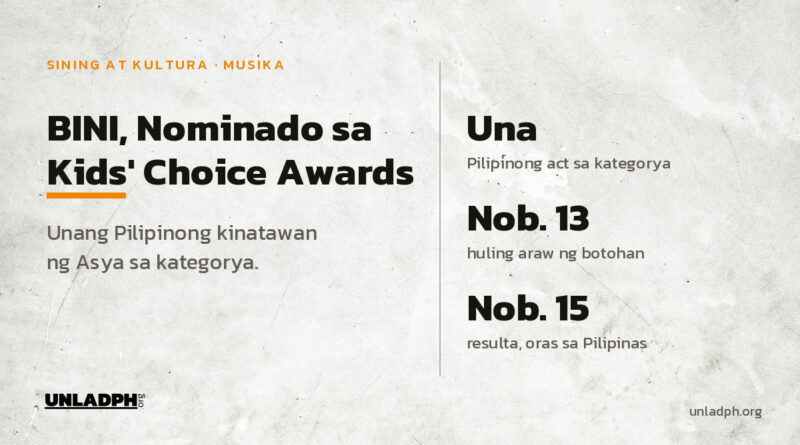 BINI, nominado sa Nickelodeon Kids' Choice Awards 2026 bilang unang Pilipinong kinatawan ng Asya sa Favorite Global Music Star.