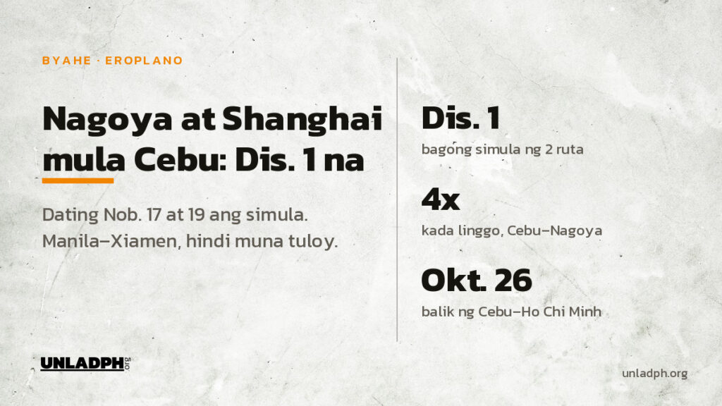 Ang mga biyahe ng Cebu Pacific mula Cebu papuntang Nagoya at Shanghai ay magsisimula sa Disyembre 1, 2026, hindi na sa Nobyembre.