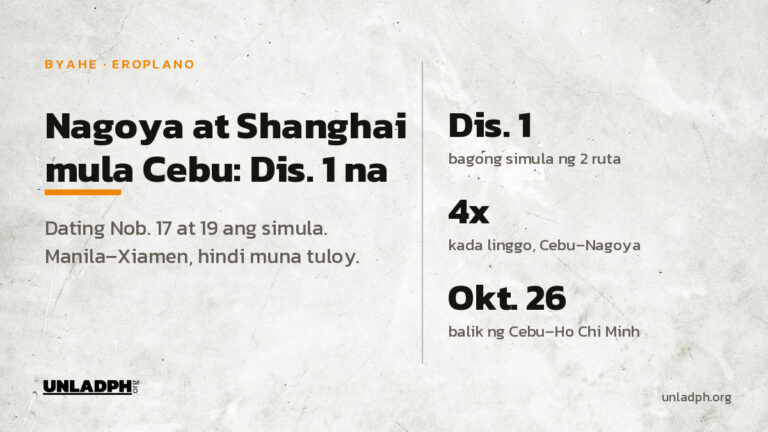 Ang mga biyahe ng Cebu Pacific mula Cebu papuntang Nagoya at Shanghai ay magsisimula sa Disyembre 1, 2026, hindi na sa Nobyembre.