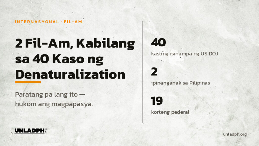 Dalawang ipinanganak sa Pilipinas ang kabilang sa 40 kaso ng denaturalization na inihayag ng US Department of Justice noong Oktubre 5, 2026.