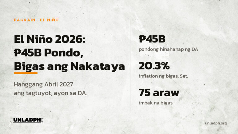 El Niño 2026: hanggang 45 bilyong piso ang pondong hinahanap ng DA, 20.3 porsiyento ang inflation ng bigas, at 75 araw ang imbak na bigas.