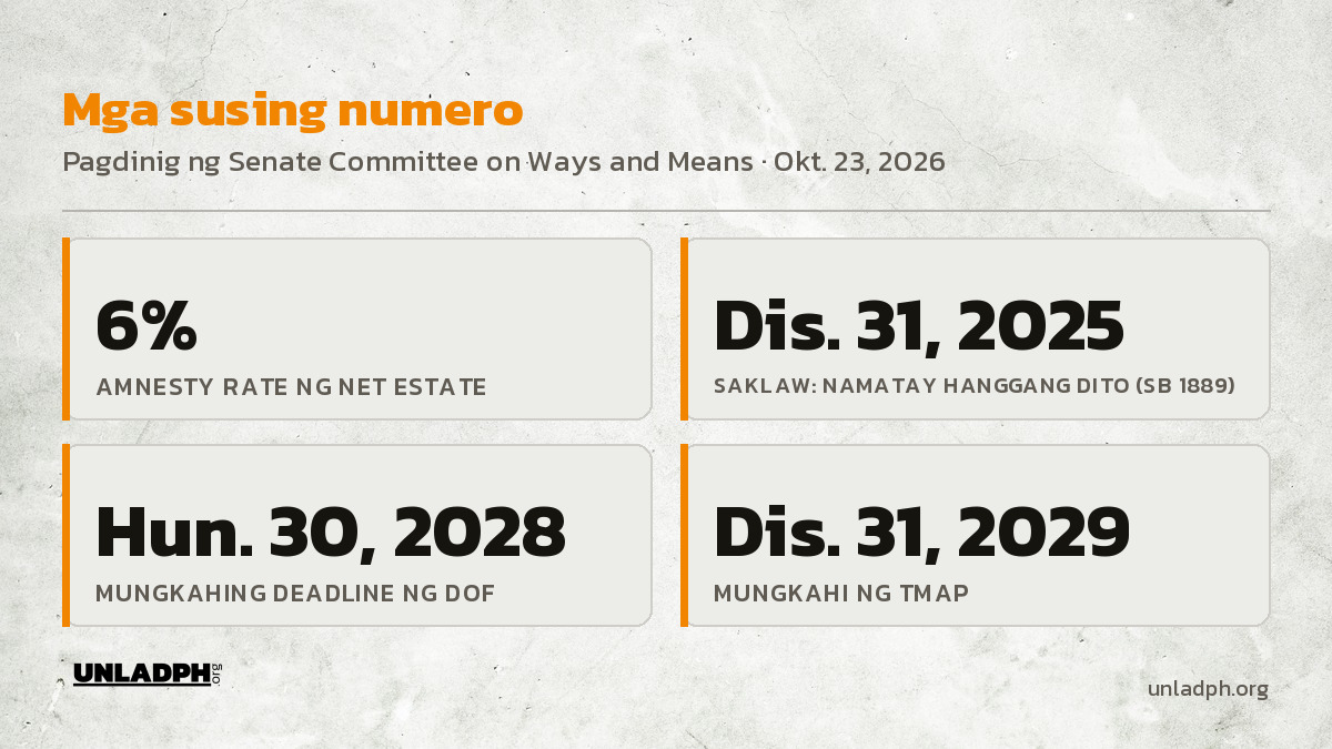 Mga susing numero: 6 porsiyentong amnesty rate, saklaw ang namatay hanggang Disyembre 31, 2025, deadline ng DOF Hunyo 30, 2028, at mungkahi ng TMAP Disyembre 31, 2029.