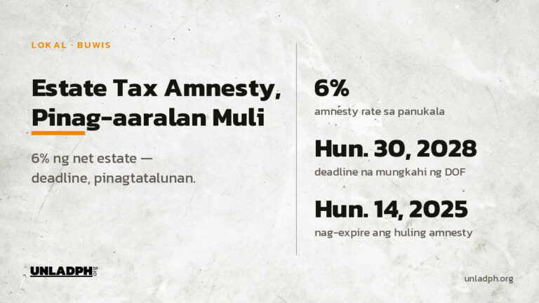 Pinag-aaralan ng Senado ang bagong estate tax amnesty sa 6 porsiyento ng net estate, at Hunyo 30, 2028 ang mungkahing deadline ng DOF.