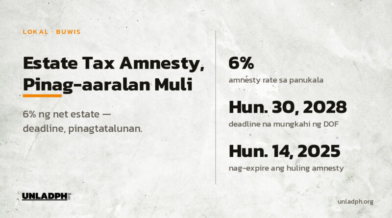 Pinag-aaralan ng Senado ang bagong estate tax amnesty sa 6 porsiyento ng net estate, at Hunyo 30, 2028 ang mungkahing deadline ng DOF.