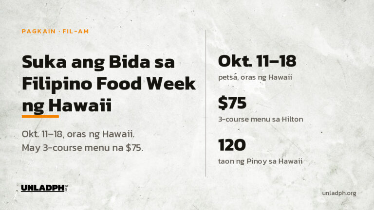 Suka ang tema ng Filipino Food Week sa Hawaii mula Oktubre 11 hanggang 18, 2026, at may three-course menu na 75 dolyar sa isang hotel sa Waikiki.