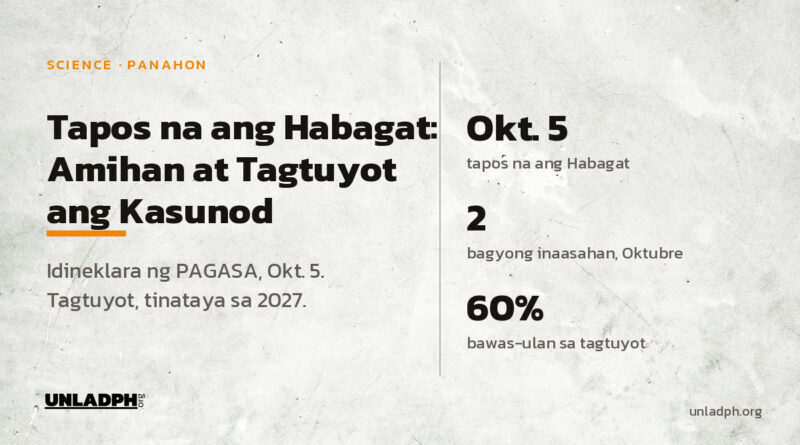 Tapos na ang habagat ayon sa PAGASA noong Oktubre 5, 2026; amihan at tayang tagtuyot dahil sa El Niño ang kasunod.