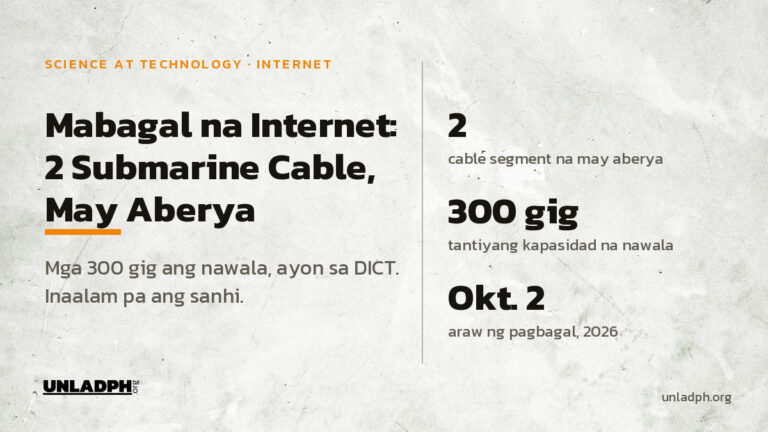 Mabagal na internet noong Oktubre 2, 2026: dalawang submarine cable segment ang may aberya at mga 300 gig ang nawalang kapasidad, ayon sa DICT.
