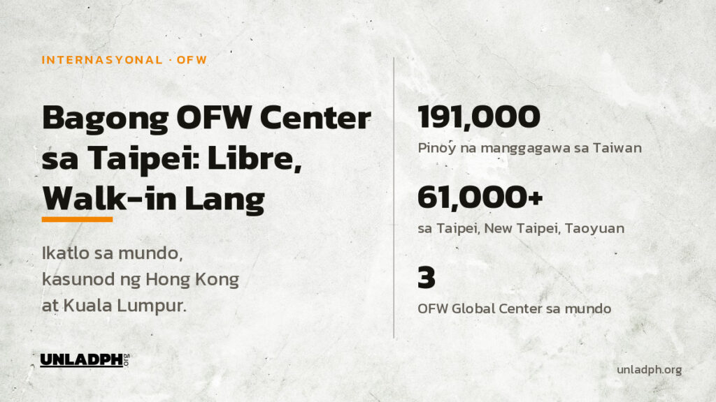 Bagong OFW Global Center sa Taipei ng OWWA, ikatlo sa mundo kasunod ng Hong Kong at Kuala Lumpur, para sa 191,000 Pinoy sa Taiwan.