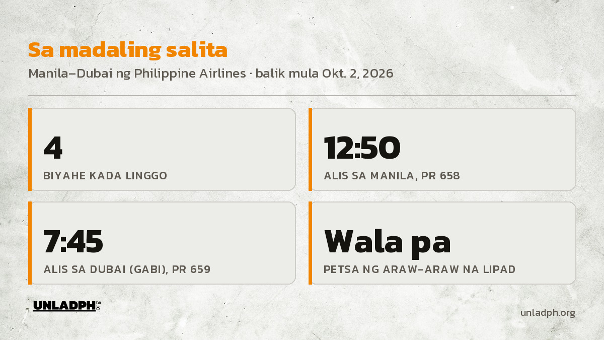 Sa madaling salita: apat na biyahe kada linggo, alis sa Manila 12:50 ng tanghali, alis sa Dubai 7:45 ng gabi, at wala pang petsa ang araw-araw na lipad.