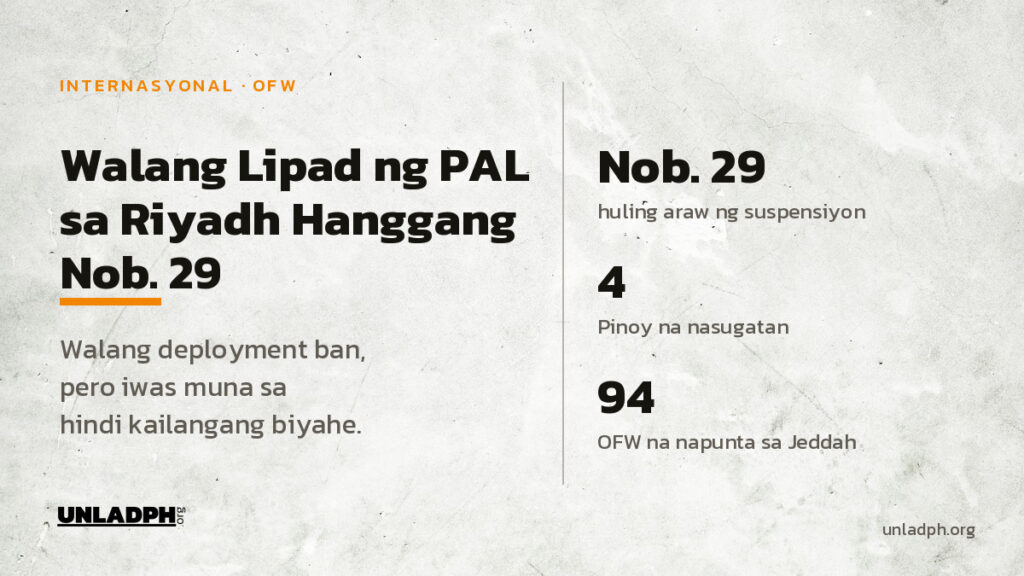 Suspendido ang lipad ng Philippine Airlines papunta at pabalik ng Riyadh hanggang Nobyembre 29, 2026, matapos ang atake sa paliparan.