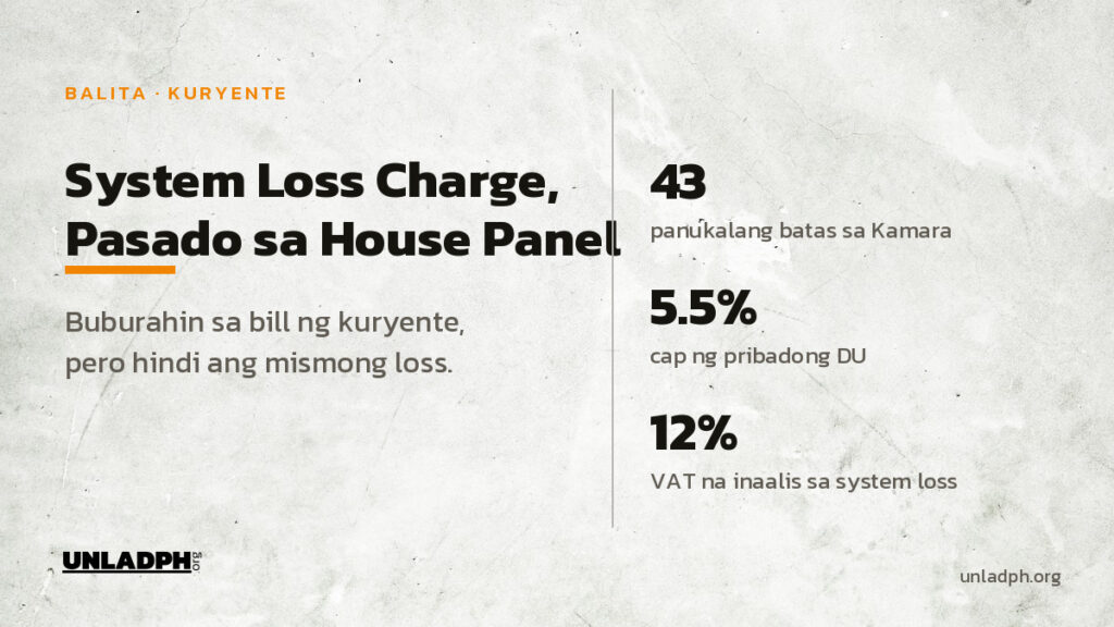Pasado sa House energy committee noong Oktubre 12, 2026 ang panukalang burahin ang system loss charge sa bill ng kuryente.