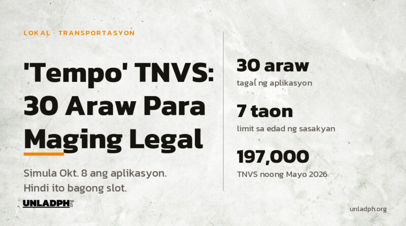 Regularisasyon ng tempo TNVS sa Metro Manila: 30 araw ang aplikasyon sa LTFRB simula Oktubre 8, 2026, at hindi ito bagong slot.